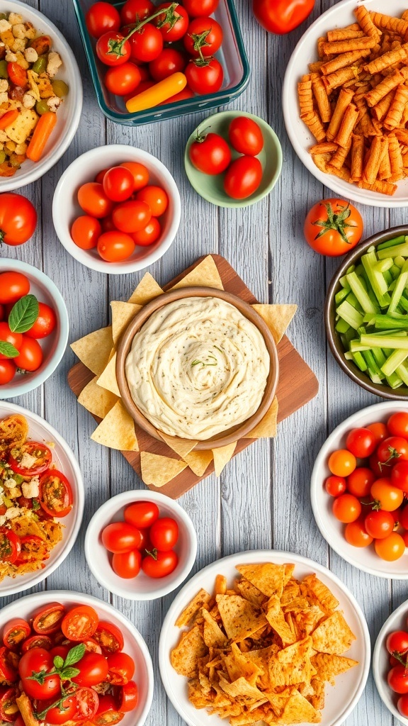 A variety of tomato dishes and creamy onion dip on a rustic table.